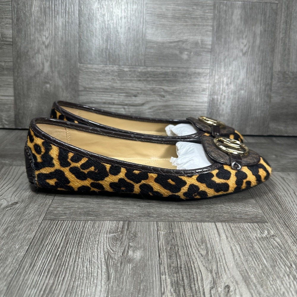 Michael Kors Lillie Moccasin Women 8M Leopard Haircalf MK Logo Flat MV21G NEW